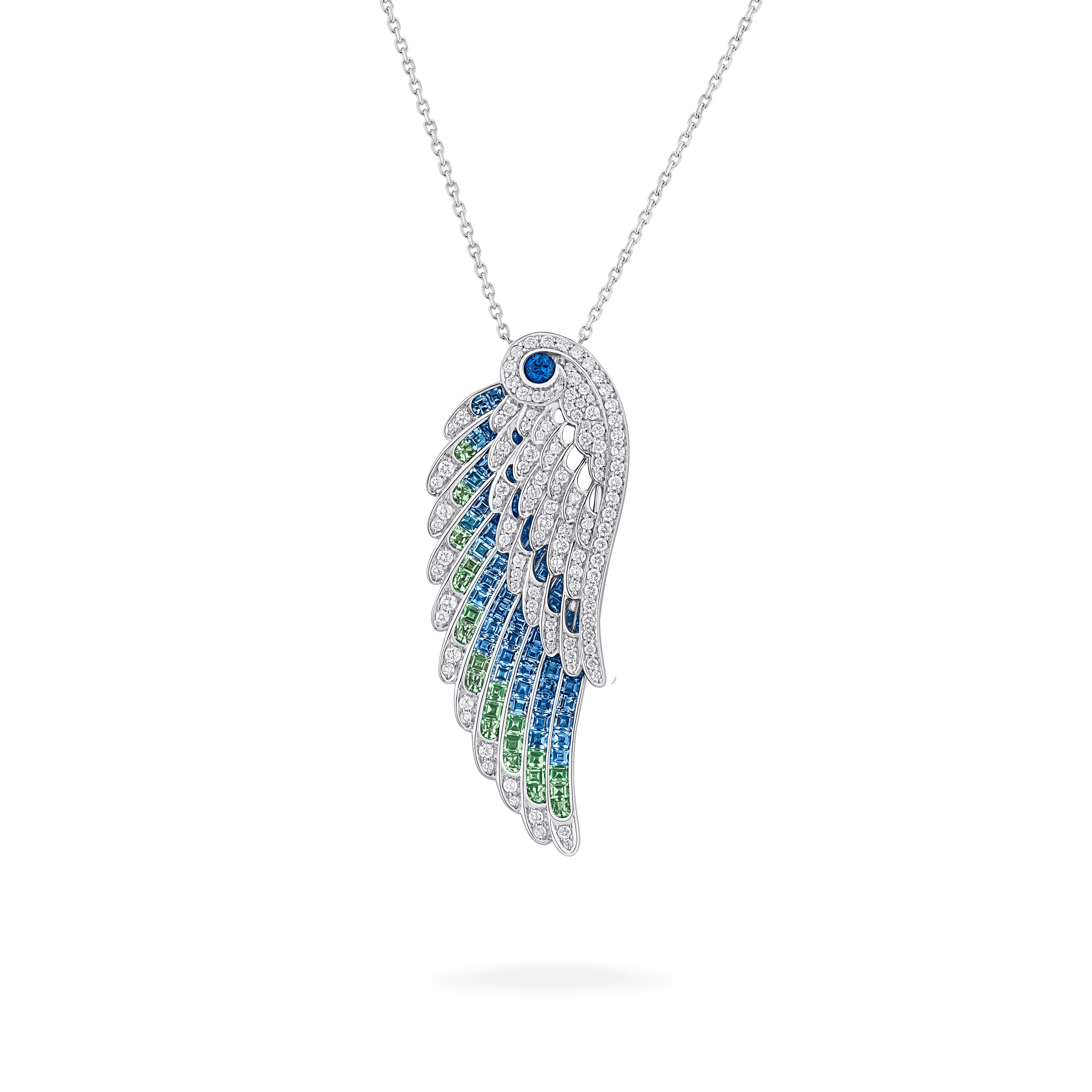 garrard Wings Embrace Peacock Slider Pendant In 18ct White Gold with Diamonds Sapphires Tsavorites and Aquamarines