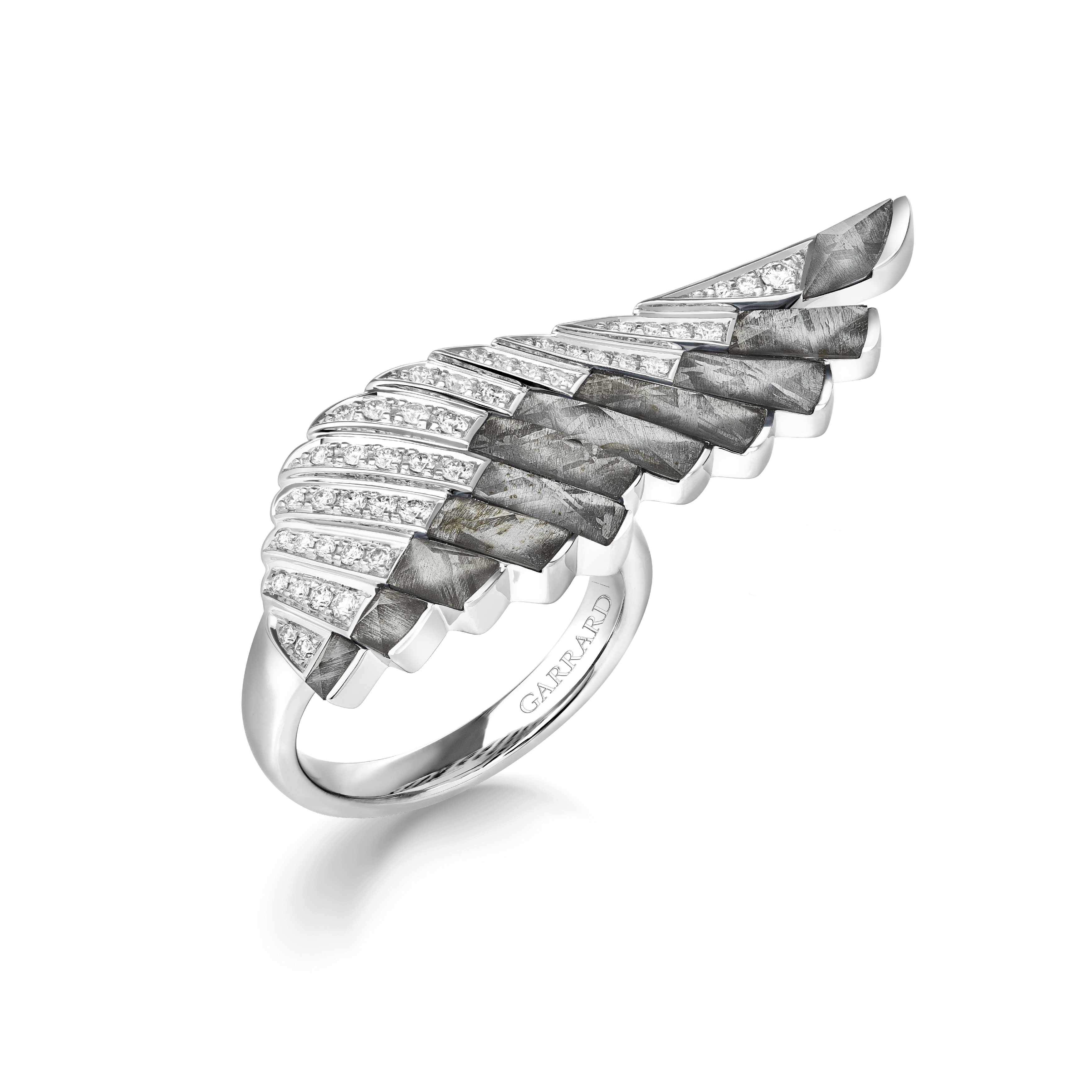 garrard Wings Rising Limited Edition Meteorite and Rock Crystal Ring In 18ct White Gold with Diamonds