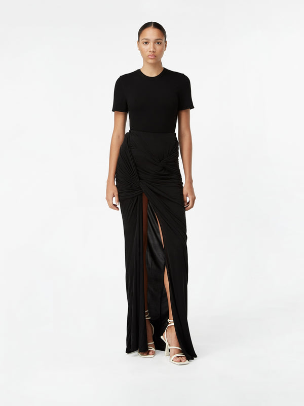 gauge81 baru long jersey skirt with front slit and draped knot details