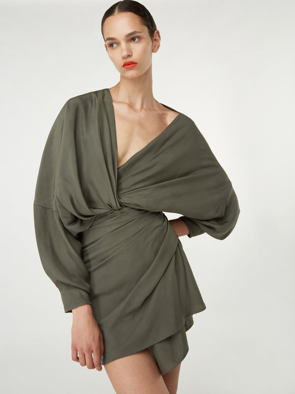 Gauge81 Asuka Long Sleeve Pleated Silk Short Dress