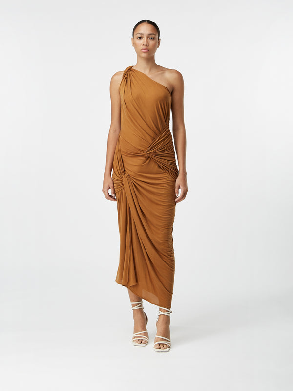 gauge81 marila long draped one shoulder jersey dress with knot details