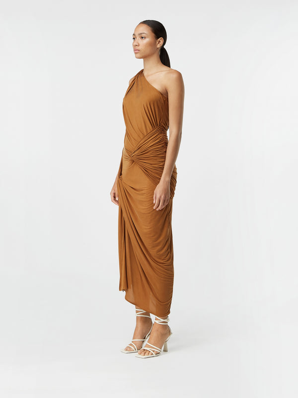 Gauge81 Marila Long Draped One Shoulder Jersey Dress With Knot Details
