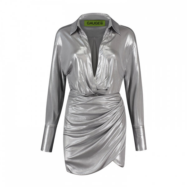 Gauge81 Naha Metallic Draped Metallic Mini Shirt Dress
