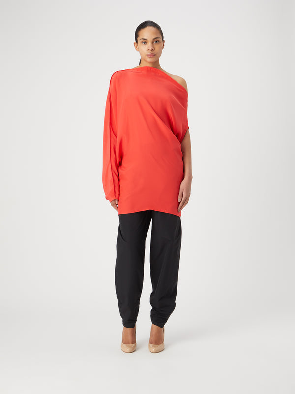 gauge81 ota short long sleeve silk dress with asymmetrical neckline