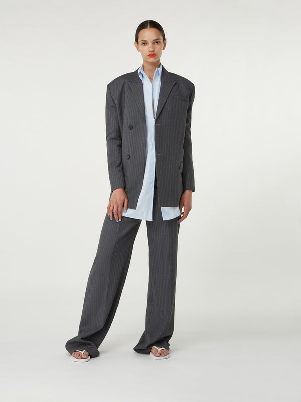 gauge81 tora pinstripe tailored wool trousers with asymmetric crossed front