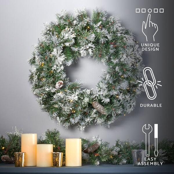 Gdf Studio 24" Cashmere Pine And Mixed Needles Warm White LED Artificial Christmas Wreath With Flocked Snow Glitter Branches And Pinecones