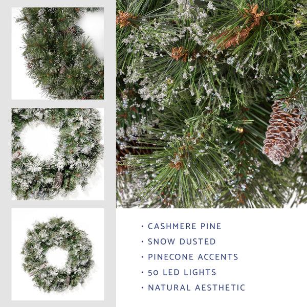 Gdf Studio 24" Cashmere Pine And Mixed Needles Warm White LED Artificial Christmas Wreath With Flocked Snow Glitter Branches And Pinecones