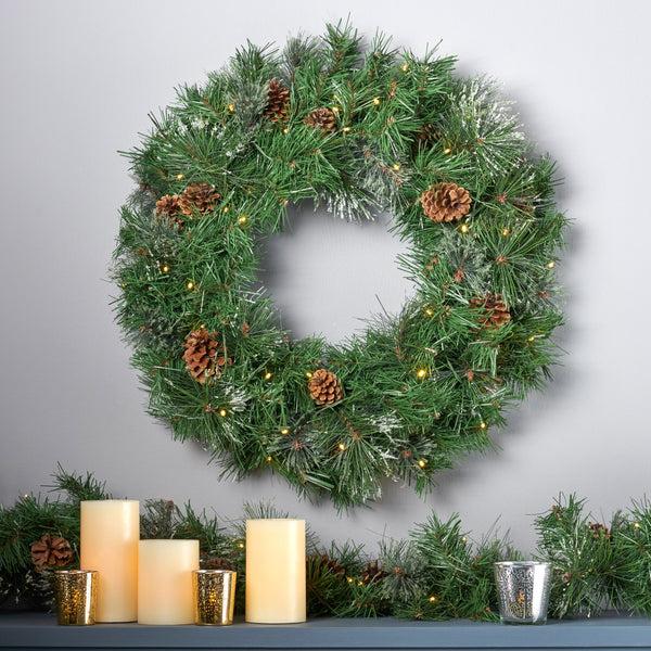Gdf Studio 24" Cashmere Pine And Mixed Needles Warm White LED Artificial Christmas Wreath With Snowy Branches And Pinecones