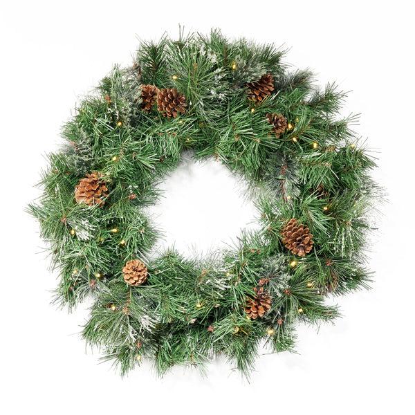 gdf studio 24" Cashmere Pine and Mixed Needles Warm White LED Artificial Christmas Wreath with Snowy Branches and Pinecones