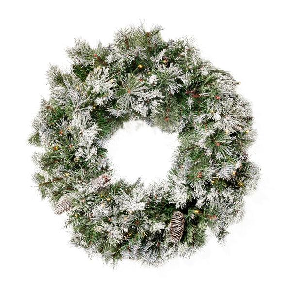 gdf studio 24" Cashmere Pine and Mixed Needles Warm White LED Artificial Christmas Wreath with Flocked Snow Glitter Branches and Pinecones
