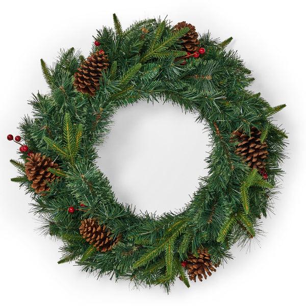 Gdf Studio 24" Mixed Pine Pre-Lit Warm White LED Artificial Christmas Wreath With Pine Cones And Berries