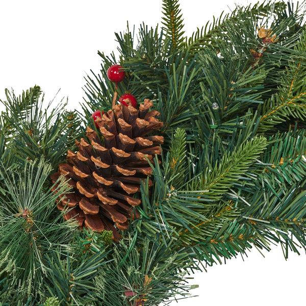 Gdf Studio 24" Mixed Pine Pre-Lit Warm White LED Artificial Christmas Wreath With Pine Cones And Berries