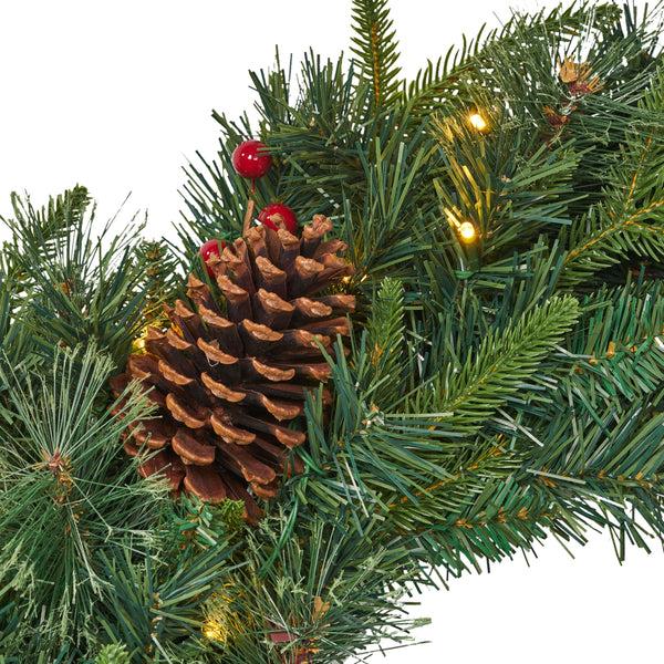 Gdf Studio 24" Mixed Pine Pre-Lit Warm White LED Artificial Christmas Wreath With Pine Cones And Berries