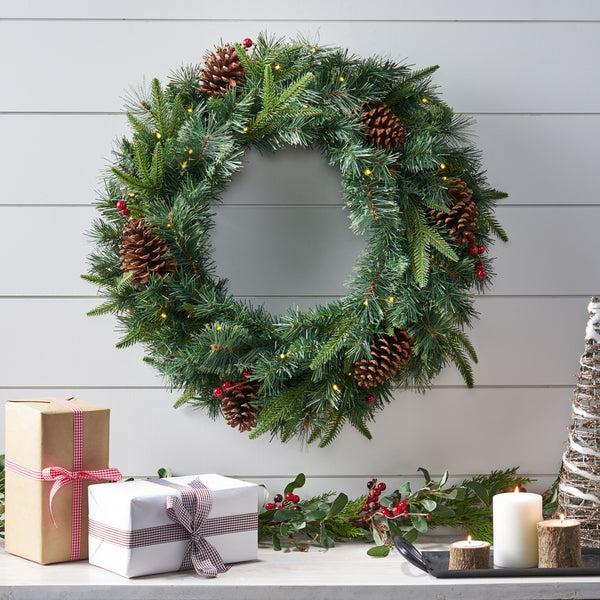 gdf studio 24" Mixed Pine Pre-Lit Warm White LED Artificial Christmas Wreath with Pine Cones and Berries