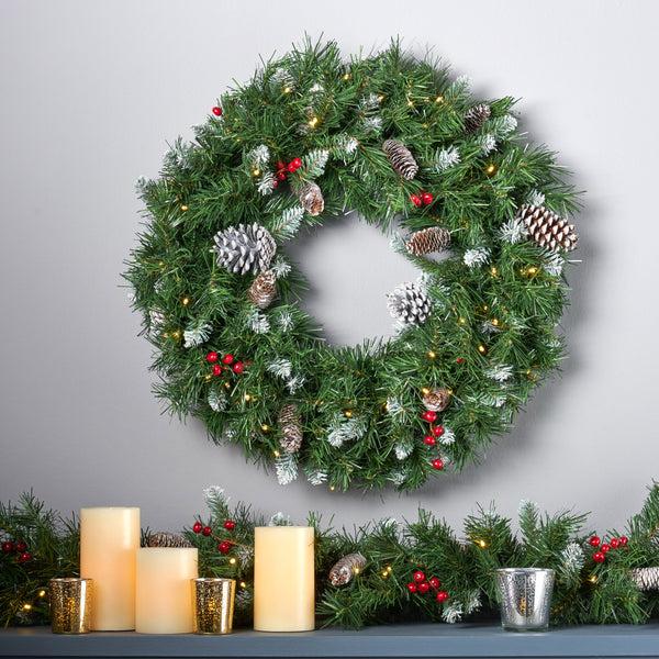 Gdf Studio 24" Mixed Spruce Pre-Lit Warm White LED Artificial Christmas Wreath With Frosted Branches Red Berries And Pinecones