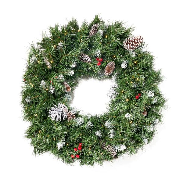 gdf studio 24" Mixed Spruce Pre-Lit Warm White LED Artificial Christmas Wreath with Frosted Branches Red Berries and Pinecones