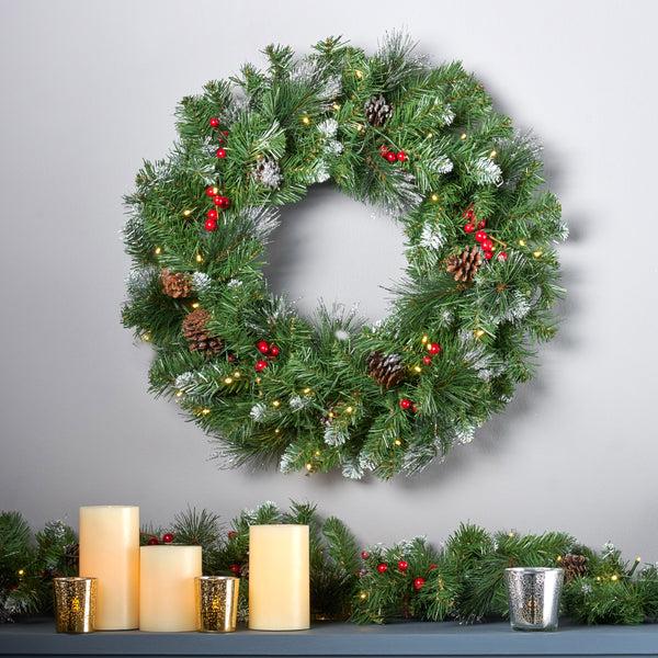 Gdf Studio 24" Mixed Spruce Warm White LED Artificial Christmas Wreath With Glitter Branches Red Berries Pinecones