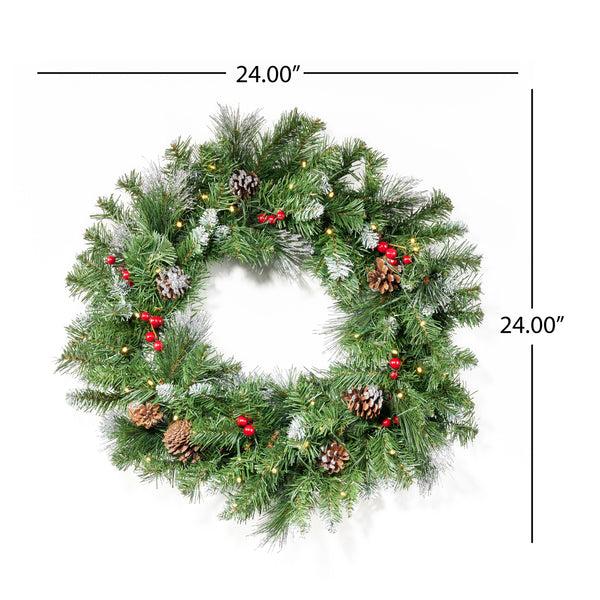 Gdf Studio 24" Mixed Spruce Warm White LED Artificial Christmas Wreath With Glitter Branches Red Berries Pinecones