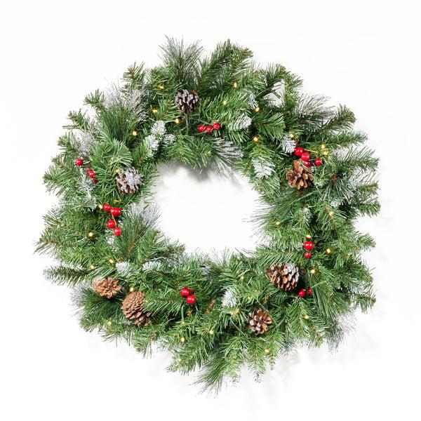 gdf studio 24" Mixed Spruce Warm White LED Artificial Christmas Wreath with Glitter Branches Red Berries Pinecones