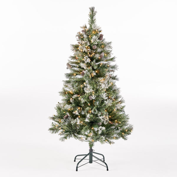 gdf studio 4.5-foot Cashmere Pine and Mixed Needles Hinged Artificial Christmas Tree with Snow and Glitter Branches and Frosted Pinecones