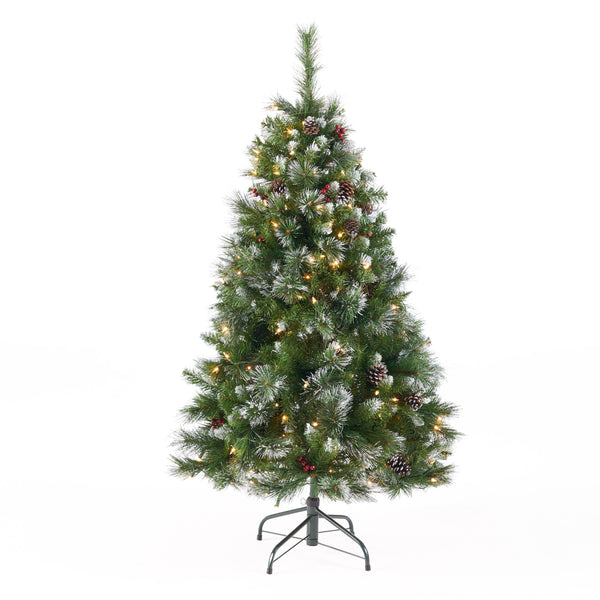 gdf studio 4.5-foot Mixed Spruce Hinged Artificial Christmas Tree with Glitter Branches Red Berries and Pinecones