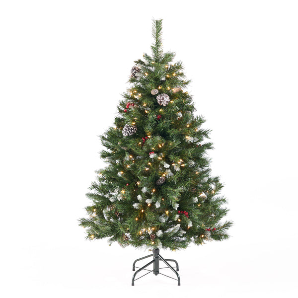 gdf studio 4.5-foot Mixed Spruce Hinged Artificial Christmas Tree with Frosted Branches Red Berries and Frosted Pinecones