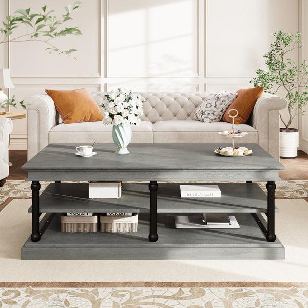 Gdf Studio 55.1" Wood Coffee Table With Black Legs 2 Open Storage Shelves Modern Living Room Table