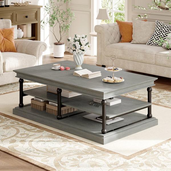 Gdf Studio 55.1" Wood Coffee Table With Black Legs 2 Open Storage Shelves Modern Living Room Table