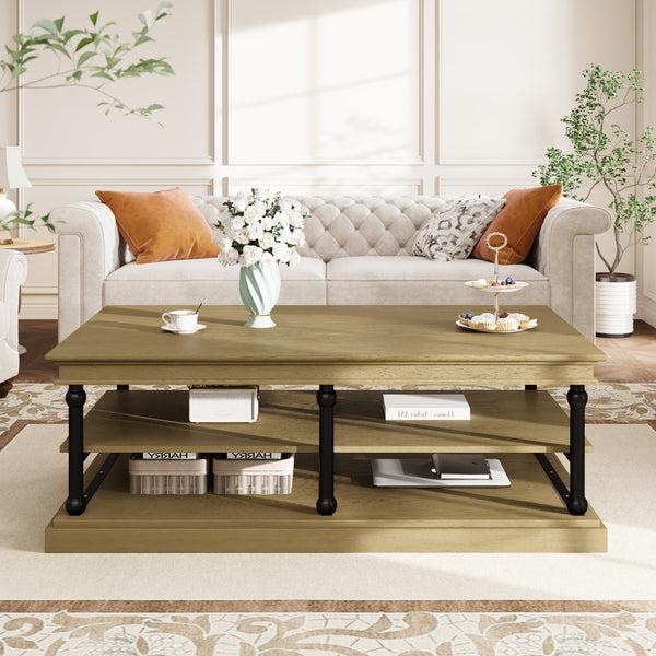 gdf studio 55.1" Wood Coffee Table with Black Legs 2 Open Storage Shelves Modern Living Room Table