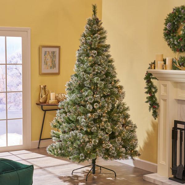 Gdf Studio 7.5-foot Cashmere Pine And Mixed Needles Hinged Artificial Christmas Tree With Snow And Glitter Branches And Frosted Pinecones