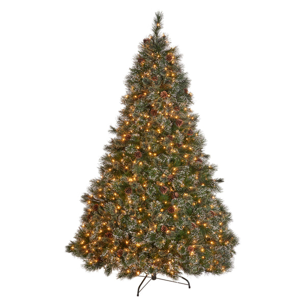 gdf studio 7.5-foot Cashmere Pine and Mixed Needles Hinged Artificial Christmas Tree with Snowy Branches and Pinecones
