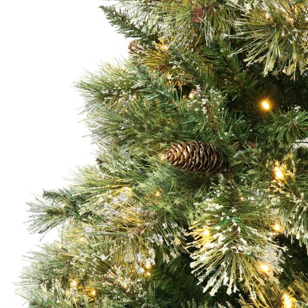 Gdf Studio 7.5-foot Cashmere Pine And Mixed Needles Pre-Lit Clear LED Hinged Artificial Christmas Tree With Snow And Glitter Branches And Frosted Pinecones