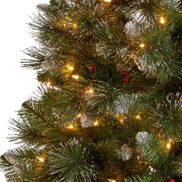 Gdf Studio 7.5-foot Mixed Spruce Hinged Artificial Christmas Tree With Glitter Branches Red Berries And Pinecones