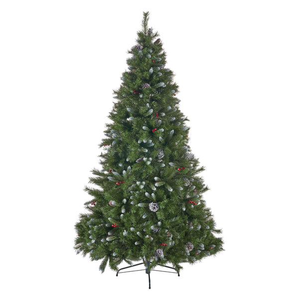 gdf studio 7.5-foot Mixed Spruce Hinged Artificial Christmas Tree with Frosted Branches Red Berries and Frosted Pinecones