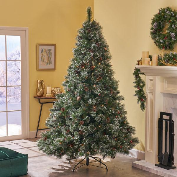 Gdf Studio 7-foot Cashmere Pine And Mixed Needles Hinged Artificial Christmas Tree With Snowy Branches And Pinecones