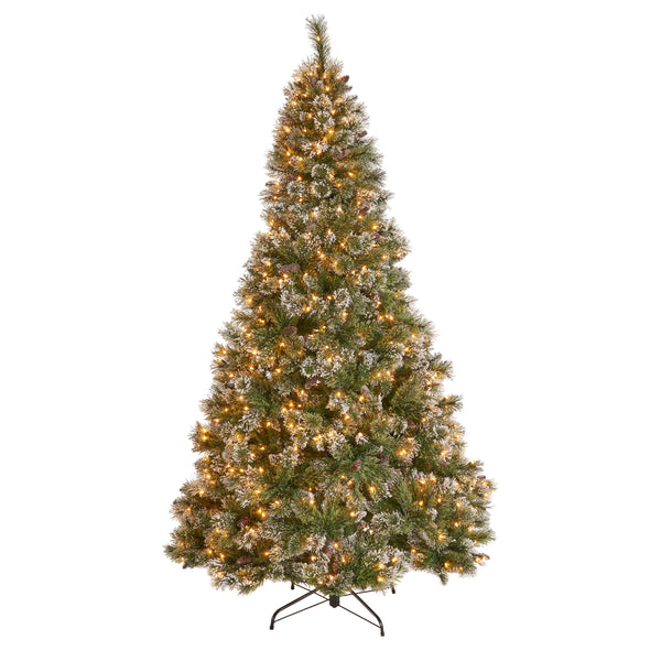 gdf studio 7-foot Cashmere Pine and Mixed Needles Hinged Artificial Christmas Tree with Snow and Glitter Branches and Frosted Pinecones