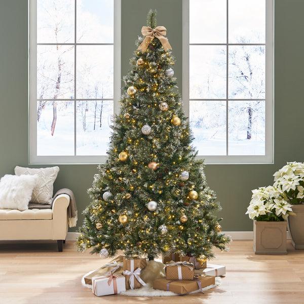 Gdf Studio 7-foot Cashmere Pine And Mixed Needles Pre-Lit Clear LED Hinged Artificial Christmas Tree With Snow And Glitter Branches And Frosted Pinecones