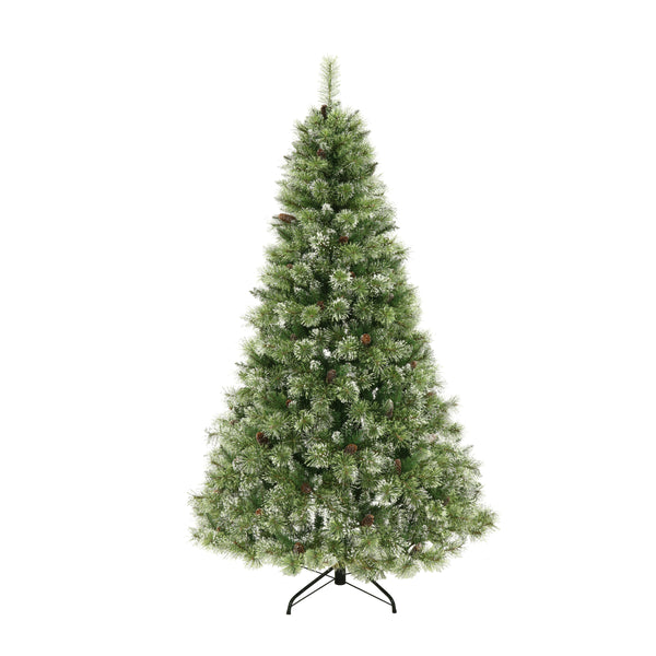 gdf studio 7-foot Cashmere Pine and Mixed Needles Pre-Lit Clear LED Hinged Artificial Christmas Tree with Snow and Glitter Branches and Frosted Pinecones