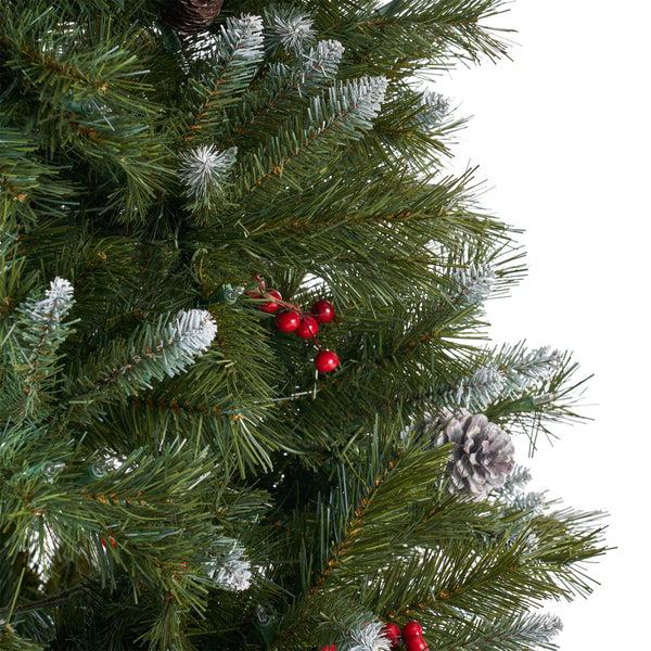 Gdf Studio 7-foot Mixed Spruce Hinged Artificial Christmas Tree With Frosted Branches Red Berries And Frosted Pinecones