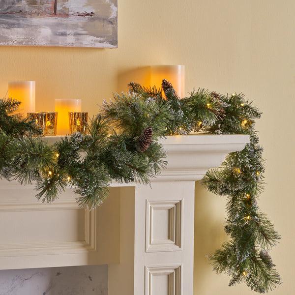 Gdf Studio 9-foot Cashmere Pine And Mixed Needle Pre-Lit Warm White LED Artificial Christmas Garland With Snow And Glitter Branches And Frosted Pinecones