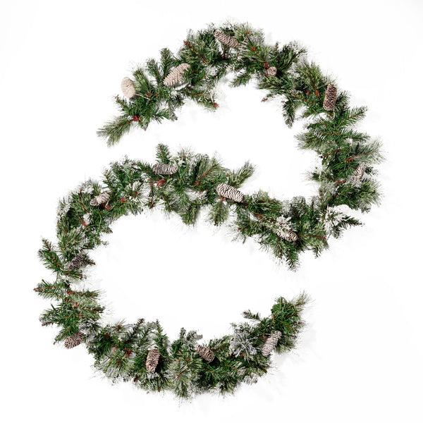 gdf studio 9-foot Cashmere Pine and Mixed Needle Pre-Lit Warm White LED Artificial Christmas Garland with Snow and Glitter Branches and Frosted Pinecones