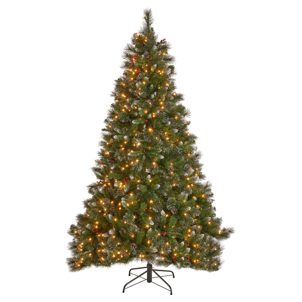 gdf studio 9-foot Mixed Spruce Hinged Artificial Christmas Tree with Glitter Branches Red Berries and Pinecones