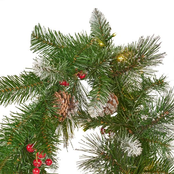 Gdf Studio 9-foot Mixed Spruce Pre-Lit Warm White LED Artificial Christmas Garland With Glitter Branches Red Berries And Pinecones