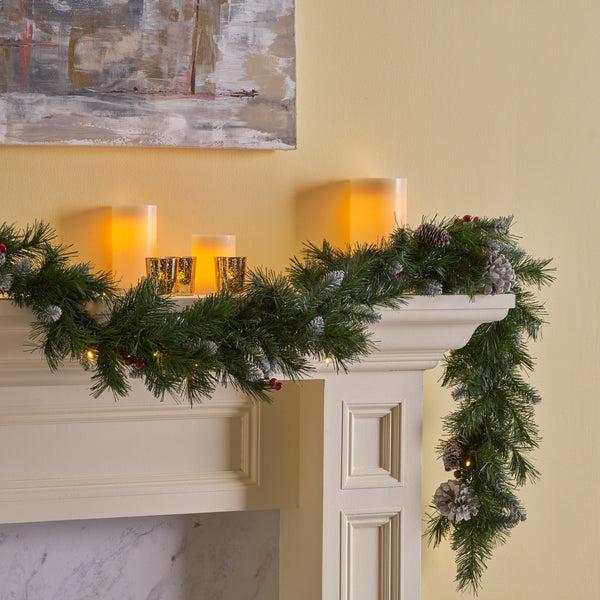 Gdf Studio 9-foot Mixed Spruce Pre-Lit Warm White LED Artificial Christmas Garland With Frosted Branches Red Berries And Pinecones