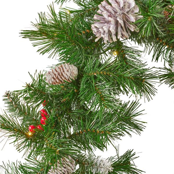 Gdf Studio 9-foot Mixed Spruce Pre-Lit Warm White LED Artificial Christmas Garland With Frosted Branches Red Berries And Pinecones