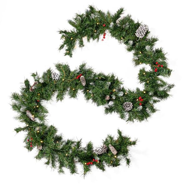 gdf studio 9-foot Mixed Spruce Pre-Lit Warm White LED Artificial Christmas Garland with Frosted Branches Red Berries and Pinecones