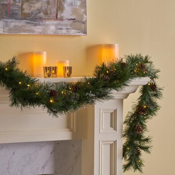 Gdf Studio 9-foot Mixed Spruce Pre-Lit Warm White LED Artificial Christmas Garland With Snowy Branches And Pinecones