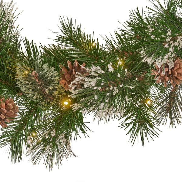 Gdf Studio 9-foot Mixed Spruce Pre-Lit Warm White LED Artificial Christmas Garland With Snowy Branches And Pinecones