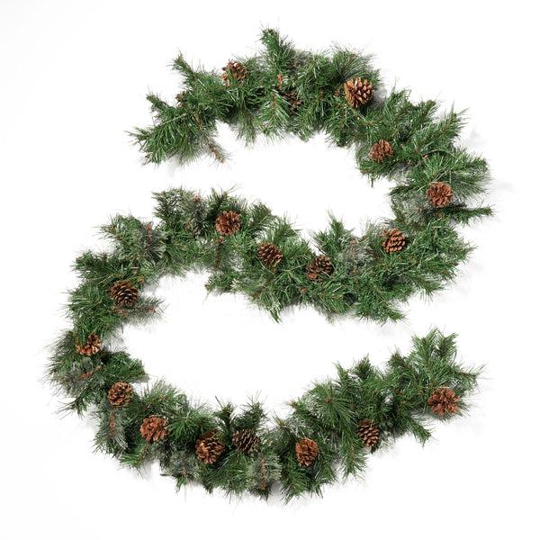 gdf studio 9-foot Mixed Spruce Pre-Lit Warm White LED Artificial Christmas Garland with Snowy Branches and Pinecones