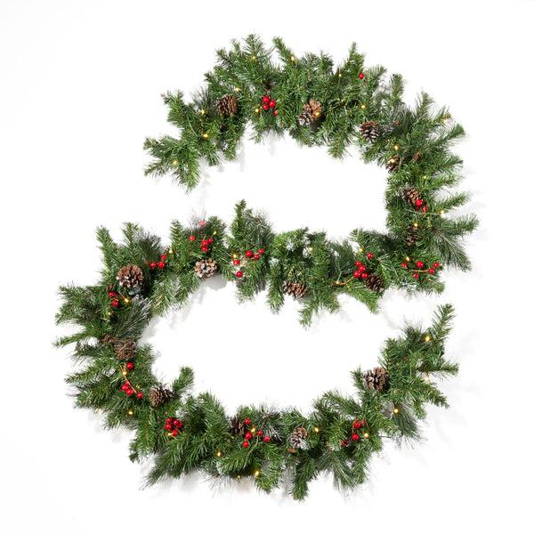 gdf studio 9-foot Mixed Spruce Pre-Lit Warm White LED Artificial Christmas Garland with Glitter Branches Red Berries and Pinecones